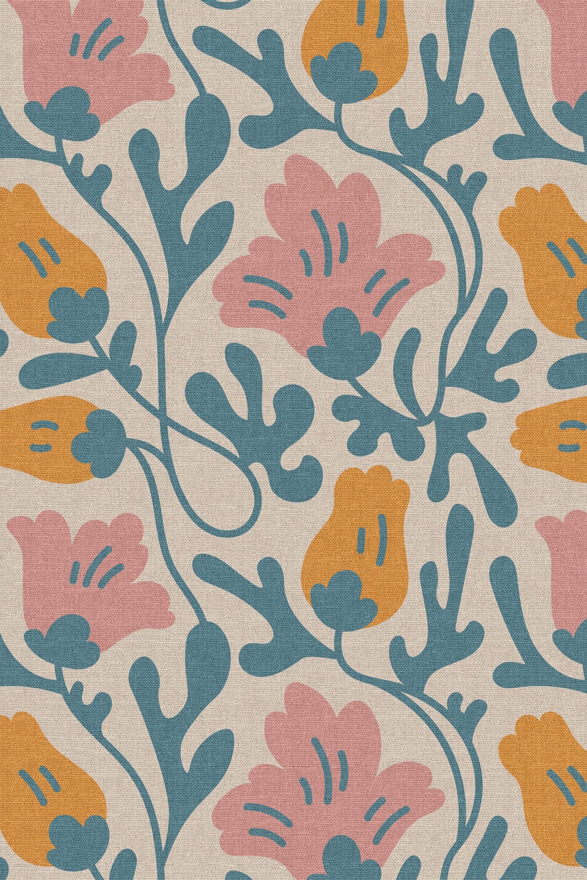 Close-up of the teal and pink abstract floral pattern repeat