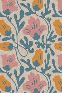 Close-up of the teal and pink abstract floral pattern repeat