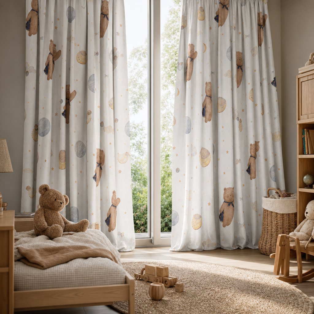 Teddy bear and moon nursery curtains in a child's bedroom
