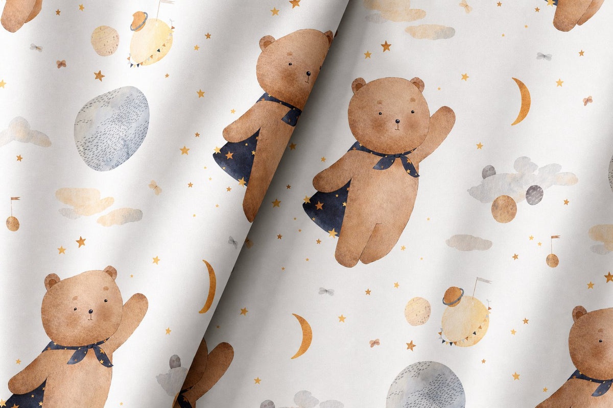 Teddy bear and moon nursery curtains styled with neutral decor