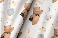 Teddy bear and moon nursery curtains styled with neutral decor