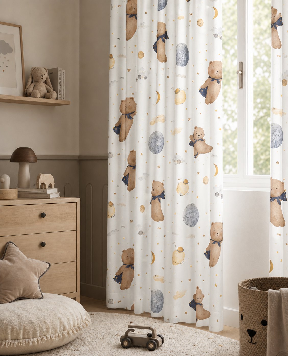Teddy bear and moon nursery curtains framing a tall window