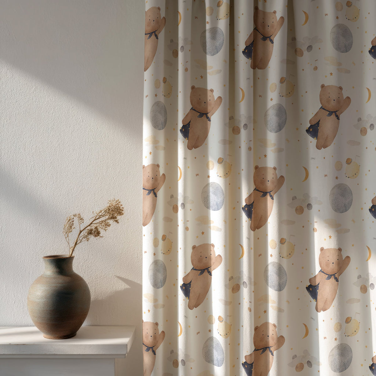 Soft daylight through a teddy bear and moon nursery curtain