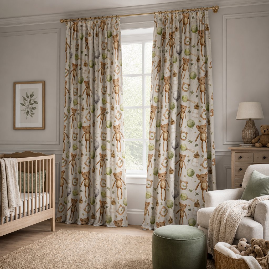 Pair of teddy bear nursery curtains in a child's bedroom