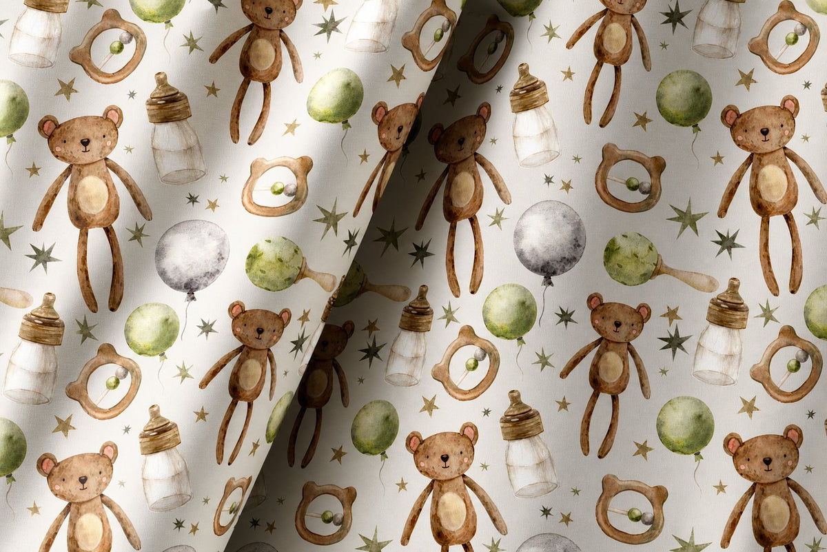 Teddy bear nursery curtains styled with neutral decor