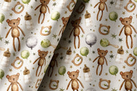 Teddy bear nursery curtains styled with neutral decor