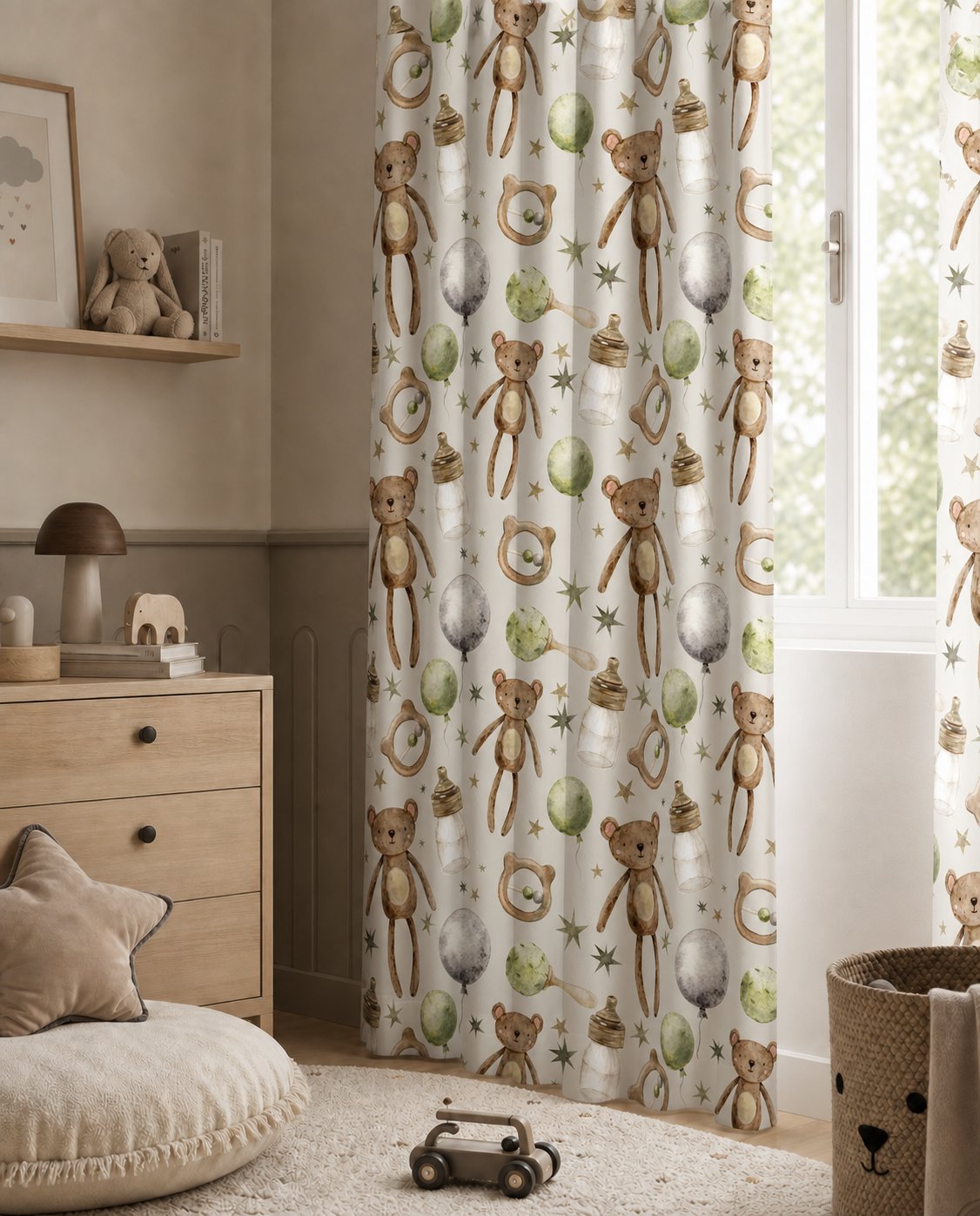 Teddy bear nursery curtains framing a tall window