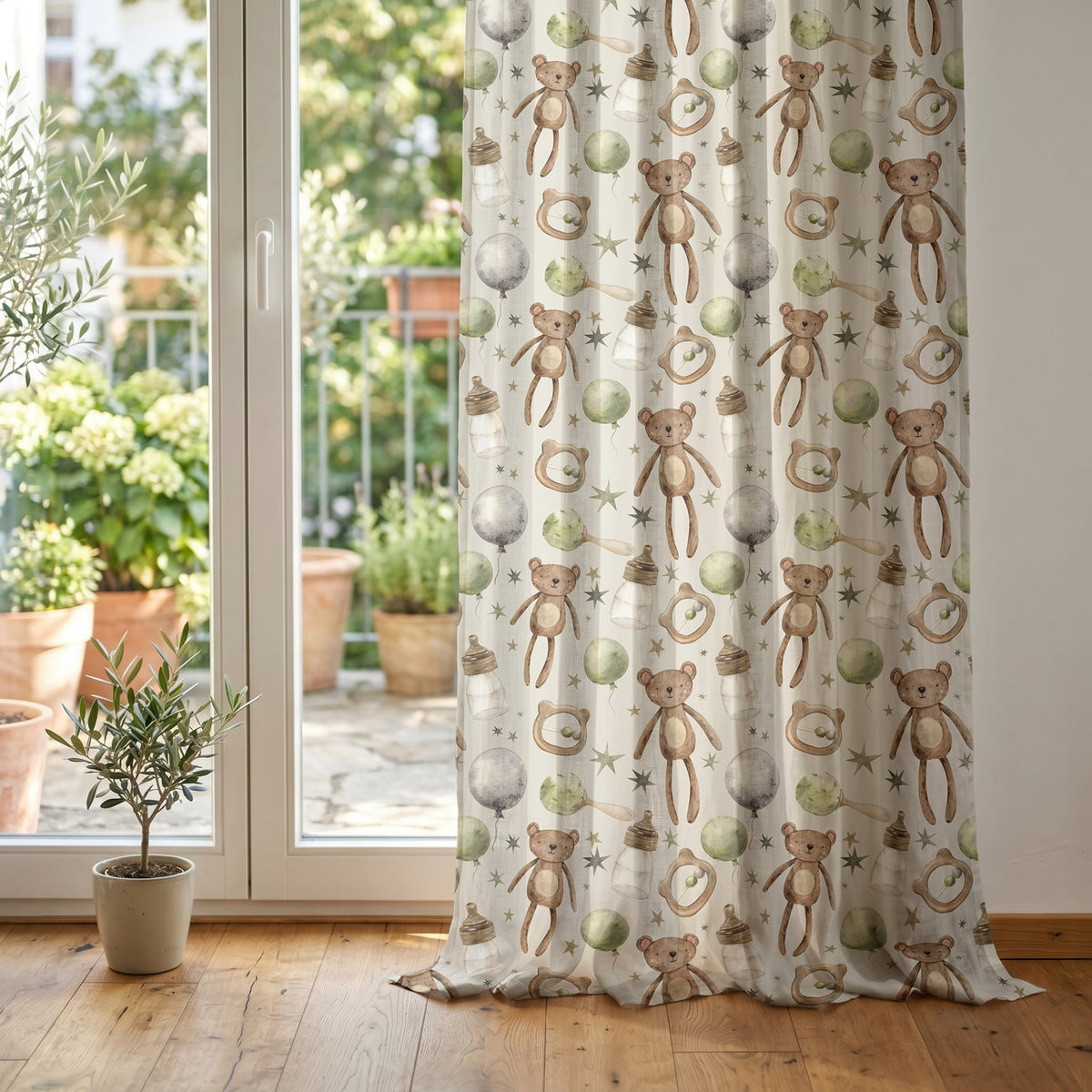 Teddy bear nursery curtain at glass patio doors