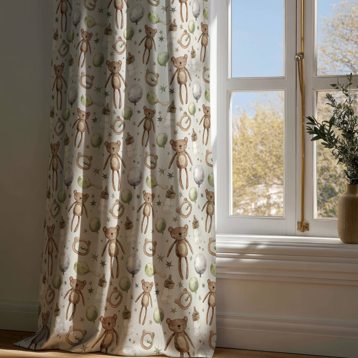 Full-length teddy bear nursery curtain draping to a wooden floor