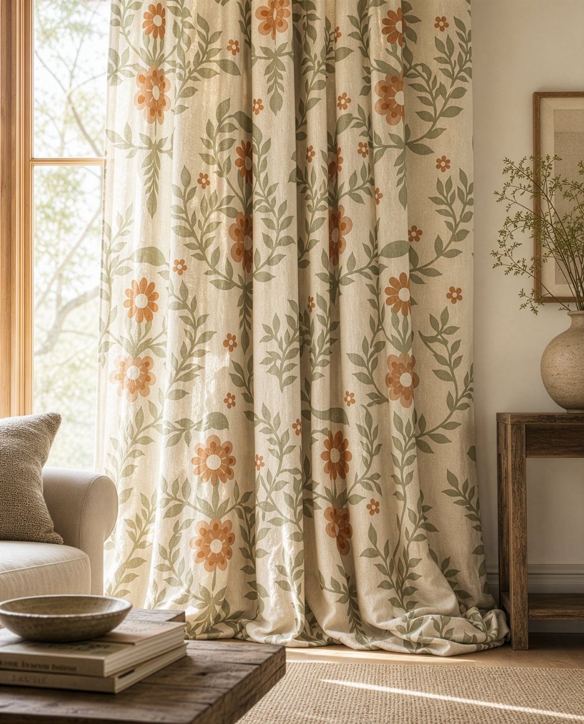 Terracotta folk floral curtains in a living room