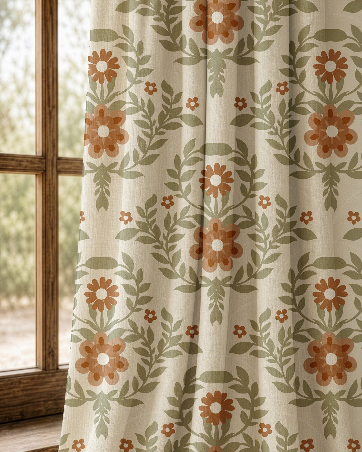 Pair of terracotta folk floral curtains at an arched window