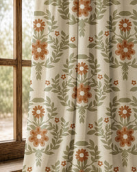 Pair of terracotta folk floral curtains at an arched window