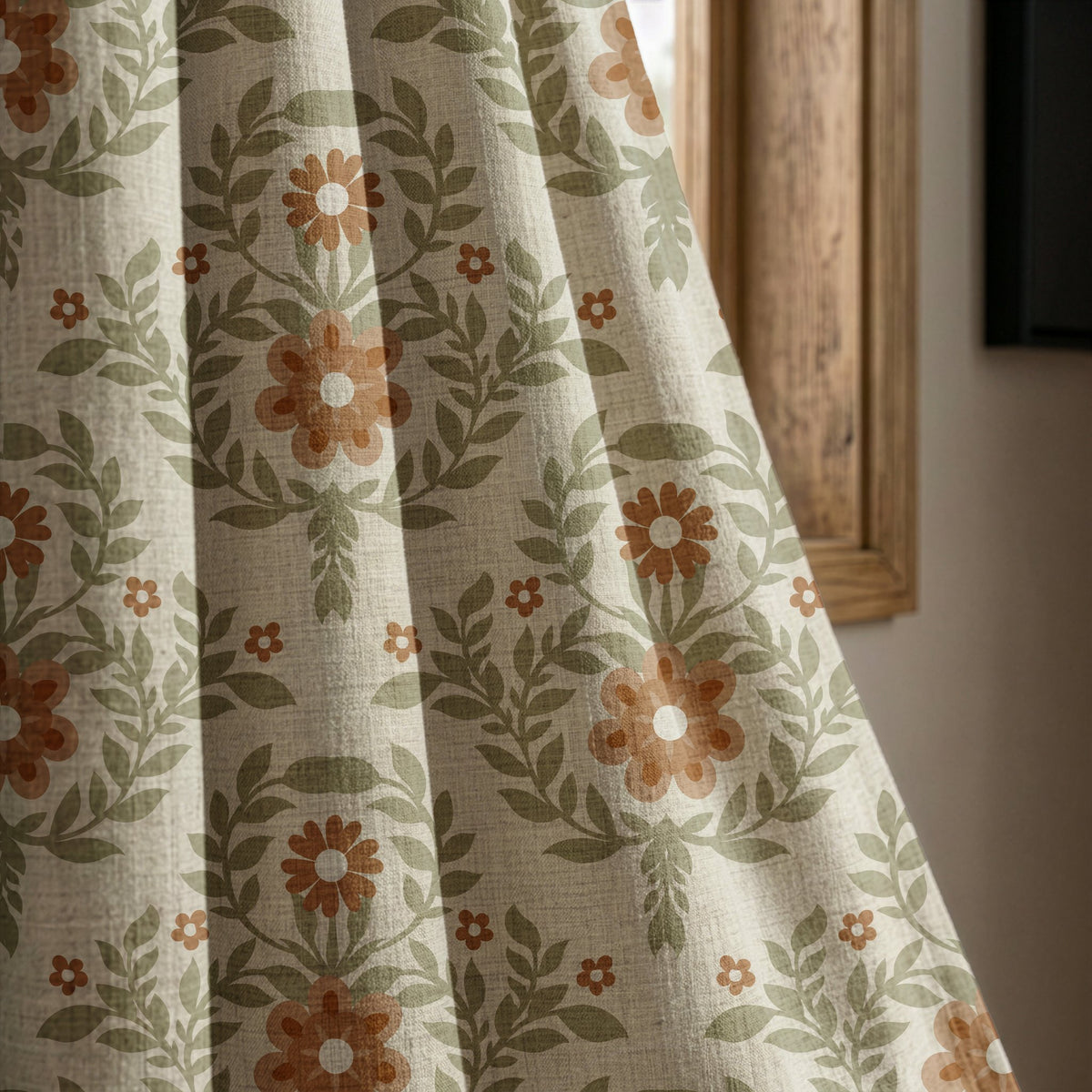 Terracotta folk floral curtain panel beside a rustic wooden window