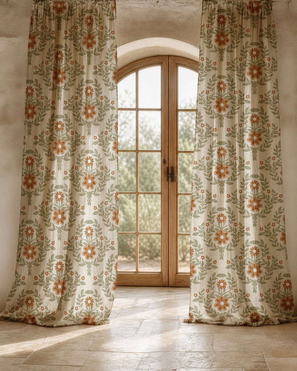 Two long terracotta folk floral curtain panels