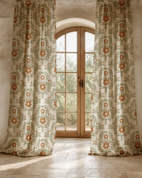 Two long terracotta folk floral curtain panels