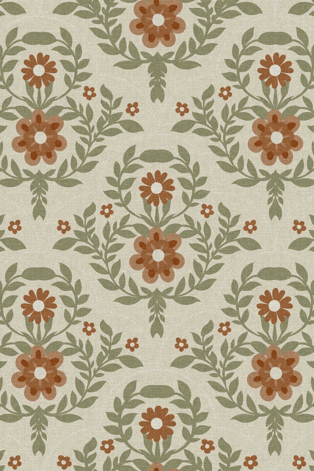 Close-up of the terracotta folk floral pattern repeat