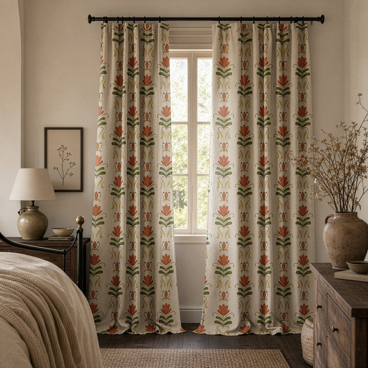 Terracotta folk tulip curtains in a living room