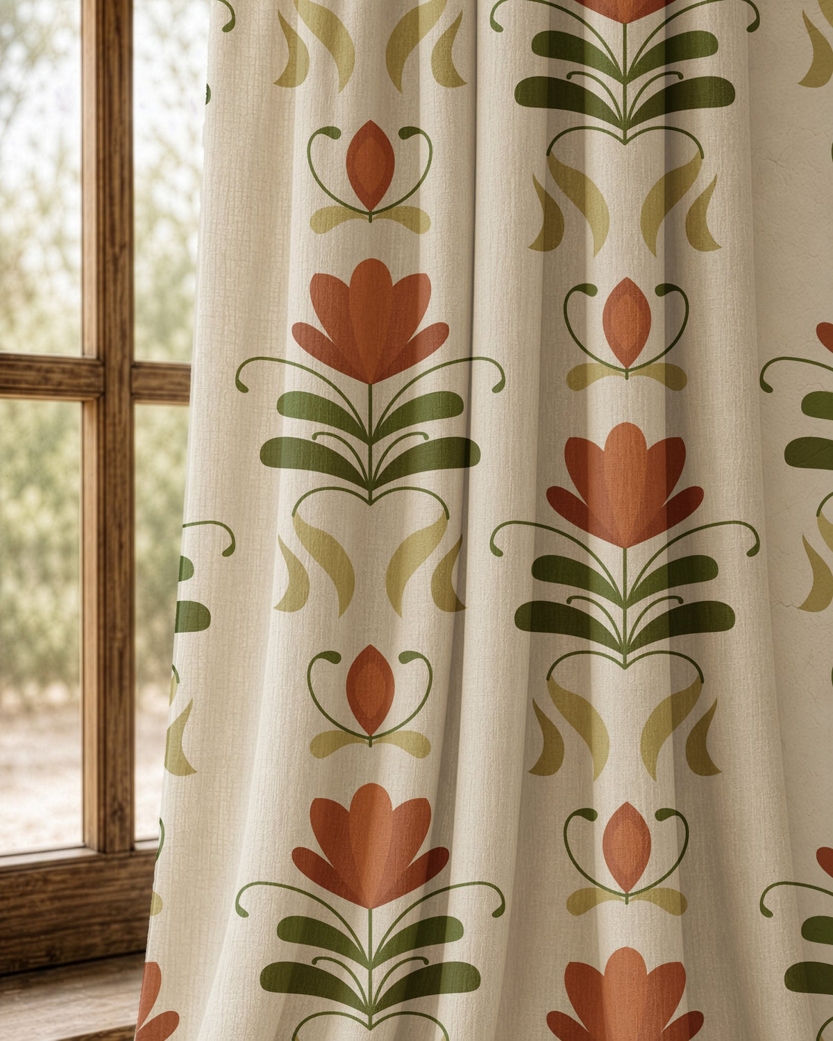 Pair of terracotta folk tulip curtains at an arched window