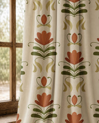 Pair of terracotta folk tulip curtains at an arched window