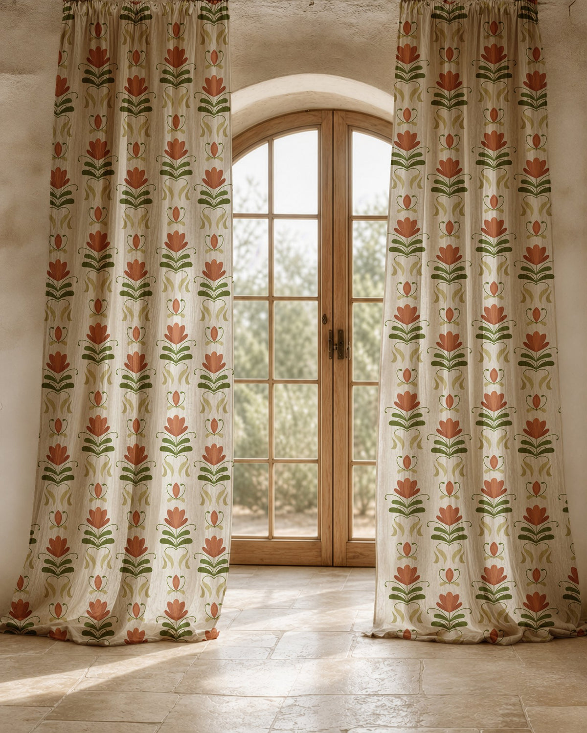 Pair of terracotta folk tulip curtains at an arched window, view 3