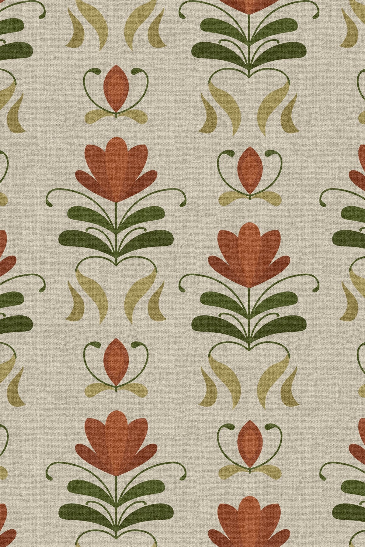 Close-up of the terracotta folk tulip pattern repeat