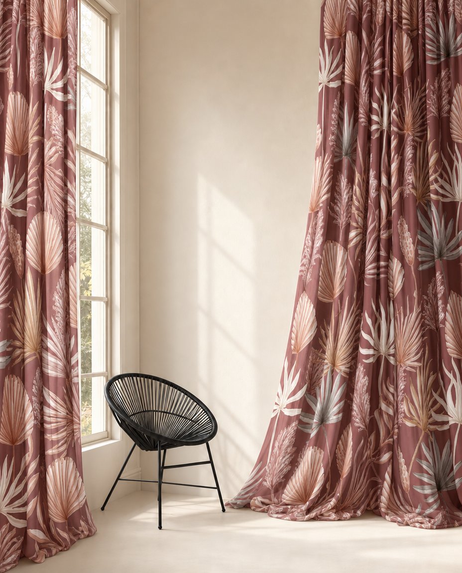 Terracotta palm leaf curtains styled with neutral decor