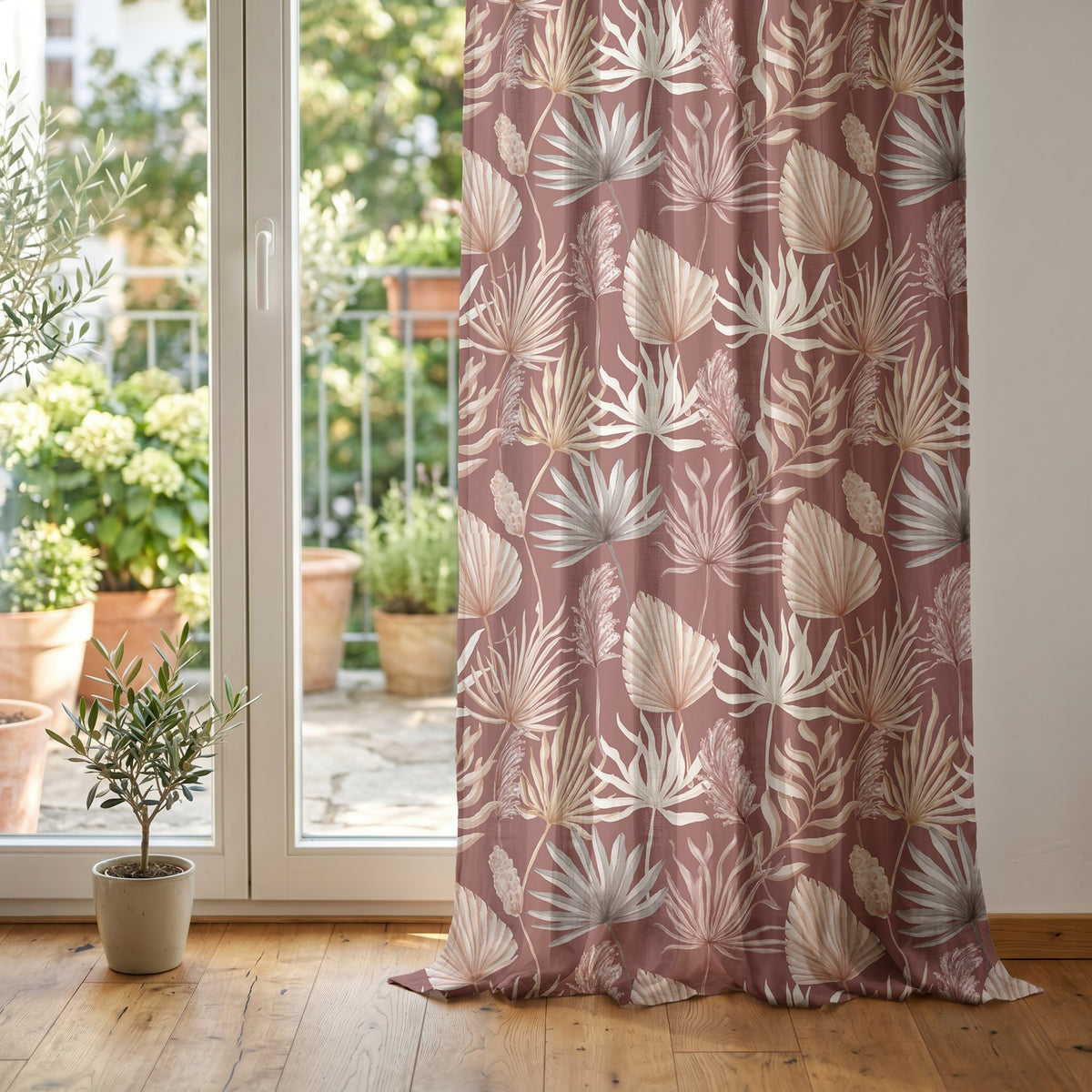 Terracotta palm leaf curtain at glass patio doors