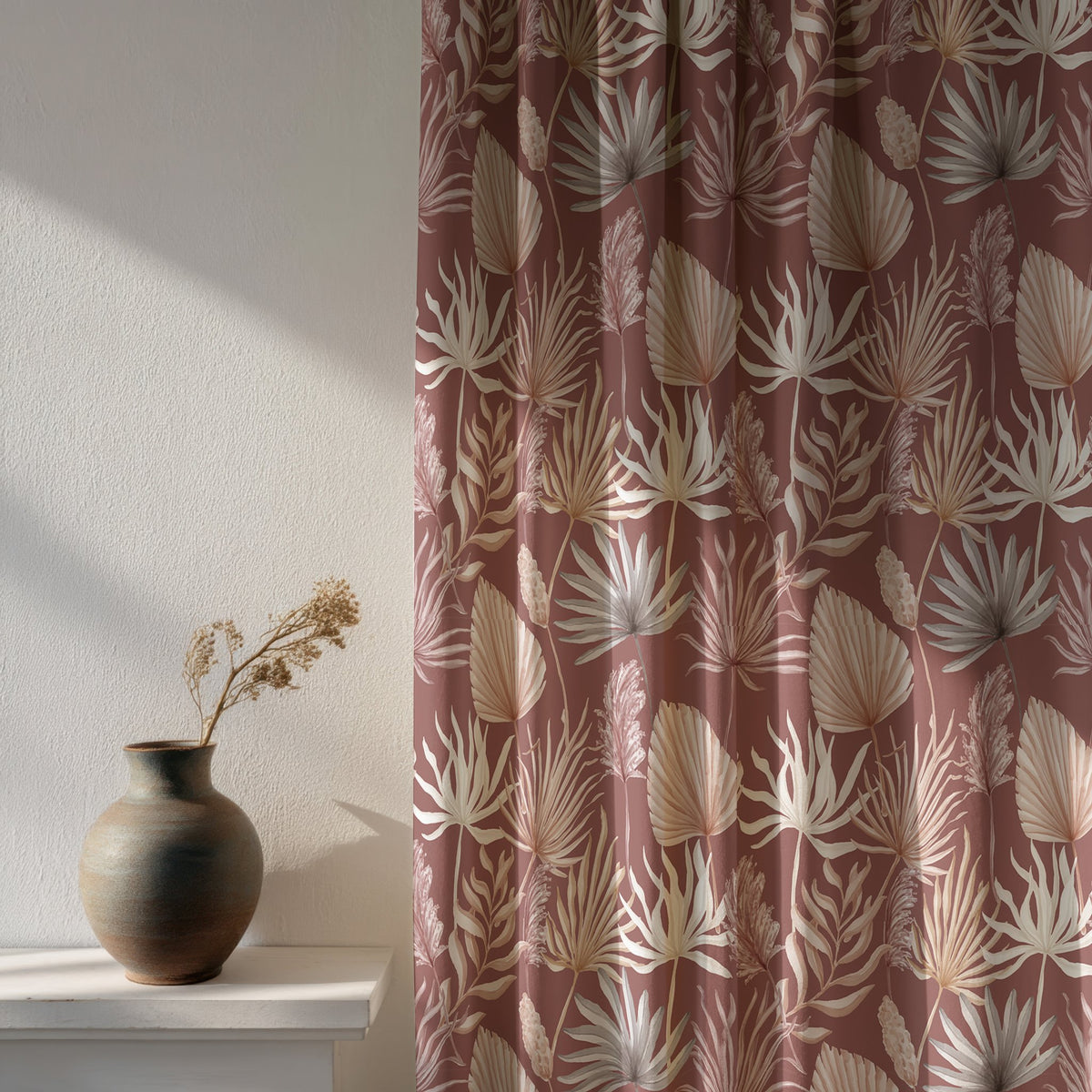 Soft daylight through a terracotta palm leaf curtain