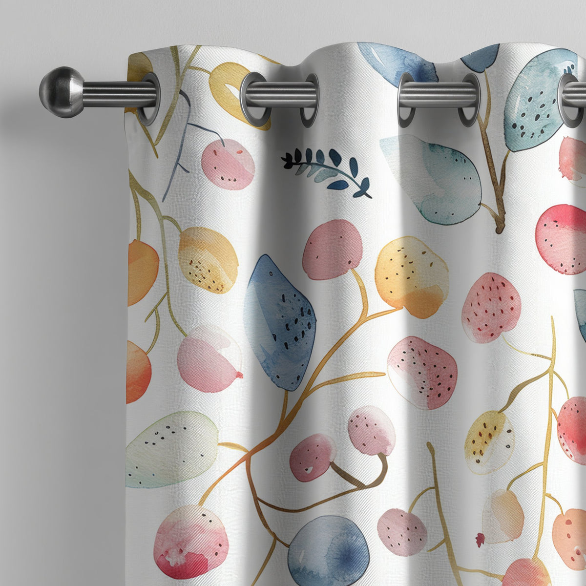 Watercolor leaf and berry curtain on a grommet rod, close-up of the print