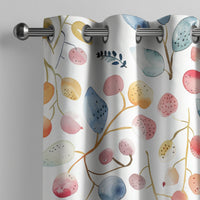 Watercolor leaf and berry curtain on a grommet rod, close-up of the print