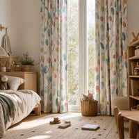 Watercolor leaf and berry curtains in a child's bedroom