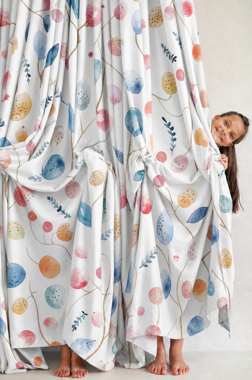 Watercolor leaf and berry curtains styled with neutral decor