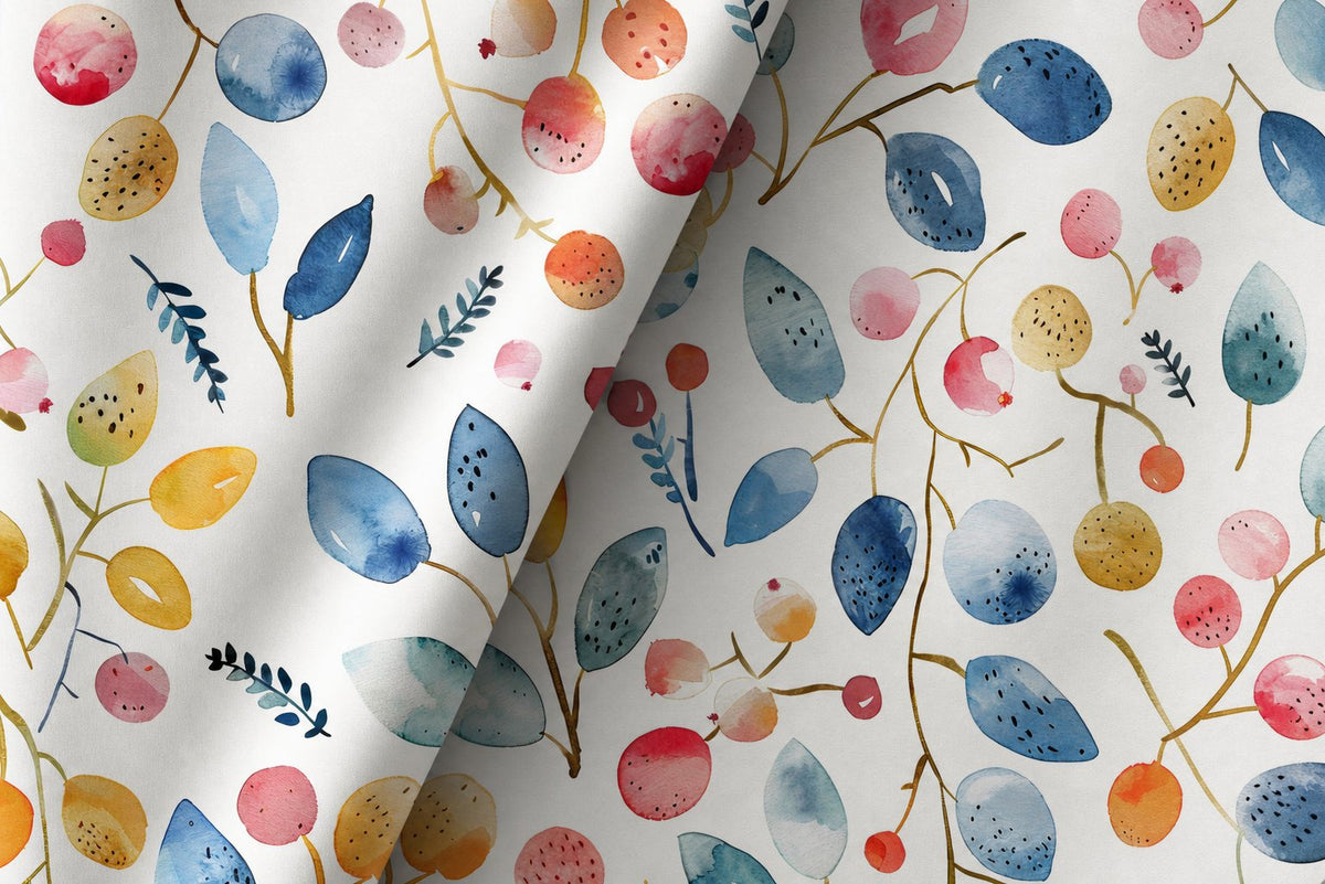 Watercolor leaf and berry curtains framing a tall window