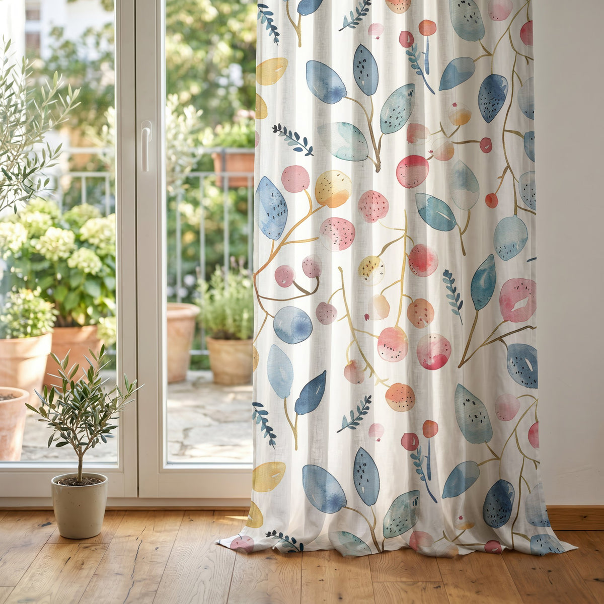 Watercolor leaf and berry curtain at glass patio doors