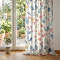 Watercolor leaf and berry curtain at glass patio doors