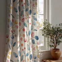 Watercolor leaf and berry curtain beside a potted olive tree