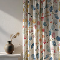Soft daylight through a watercolor leaf and berry curtain