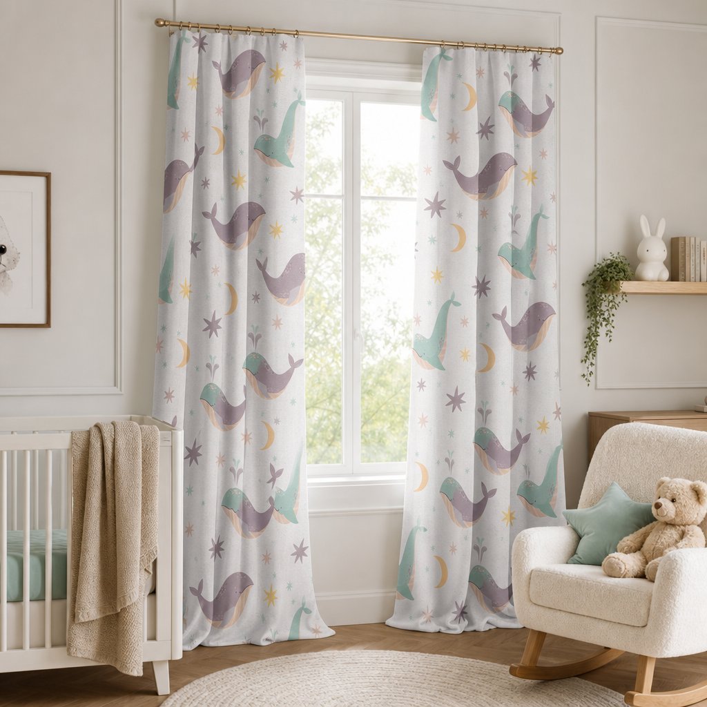 Whale nursery curtains in a child's bedroom