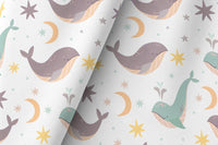 Whale nursery curtains styled with neutral decor