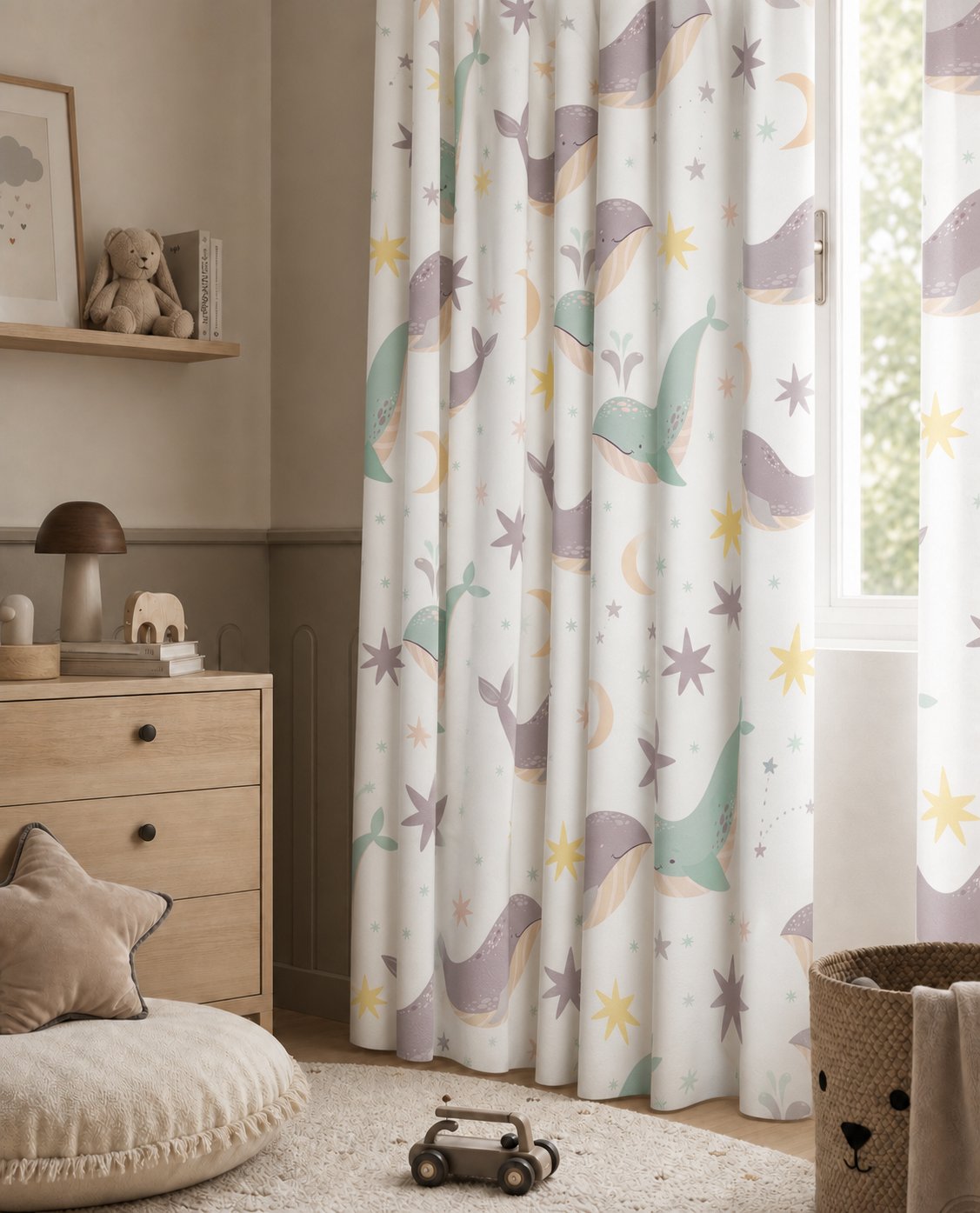 Whale nursery curtains framing a tall window