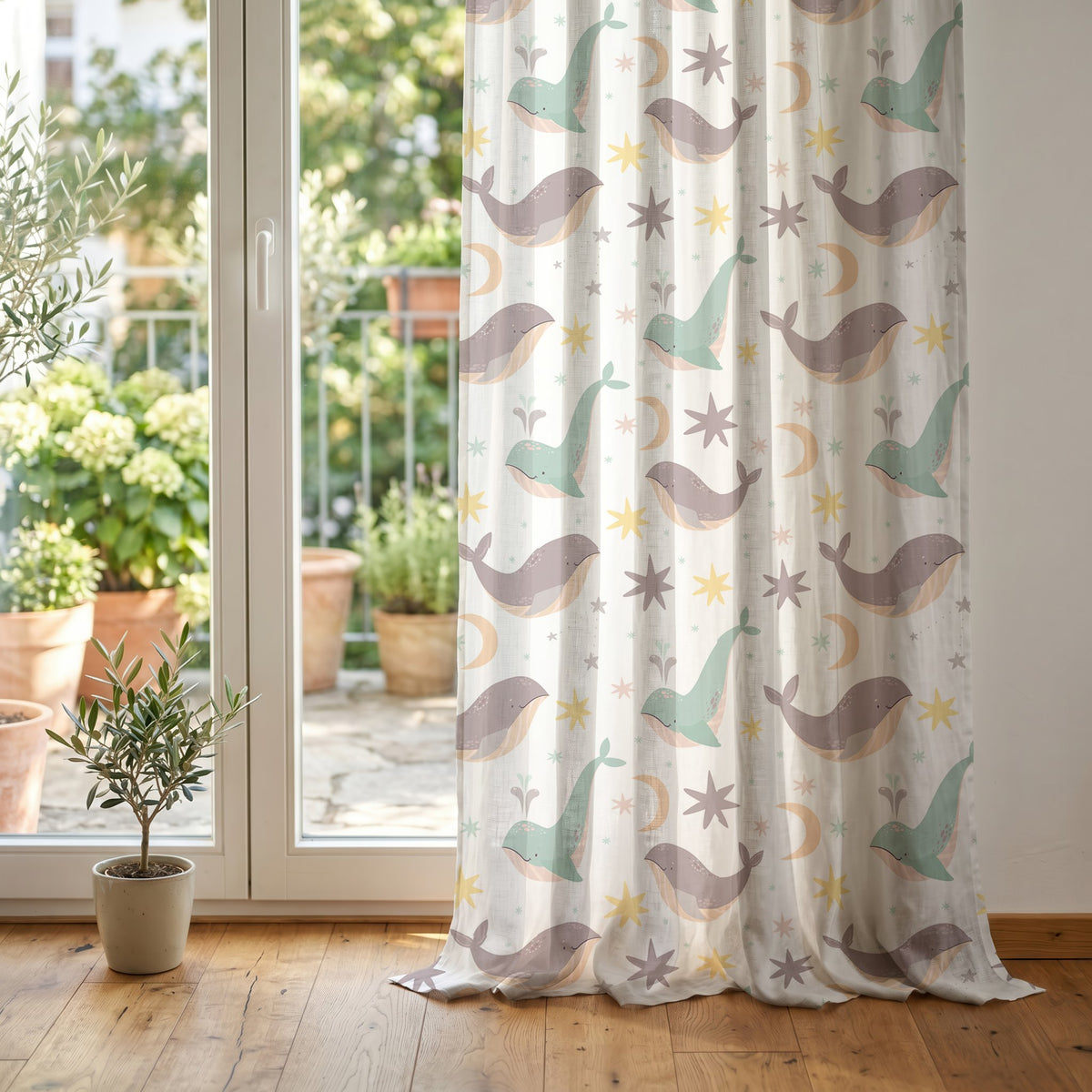 Whale nursery curtain at glass patio doors