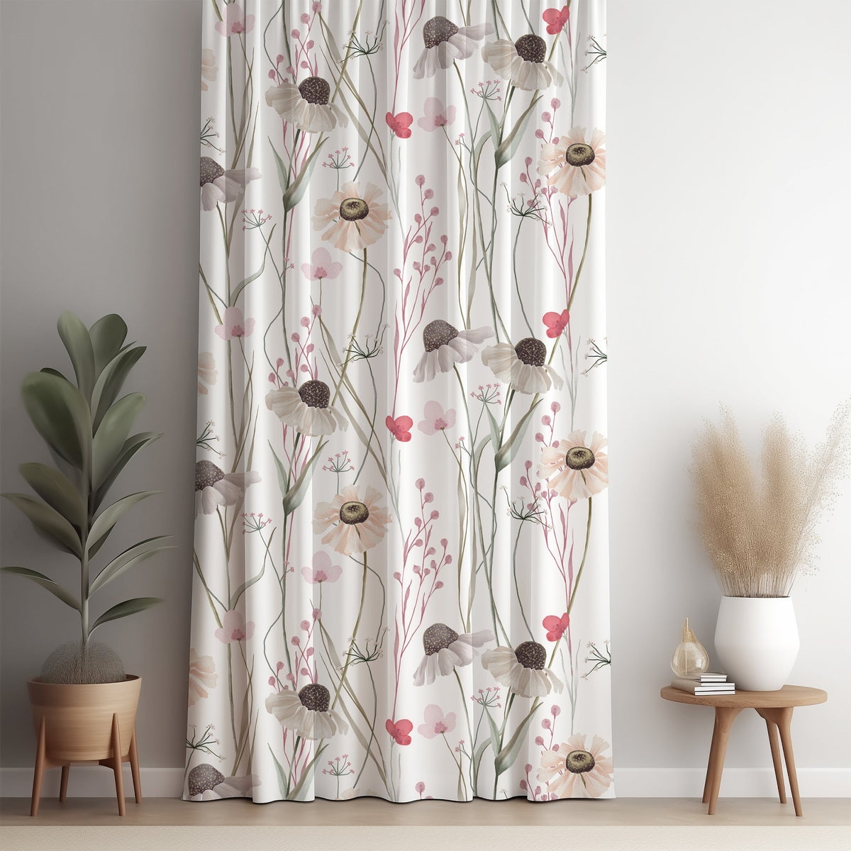 White minimal wildflower curtain panel against a white wall
