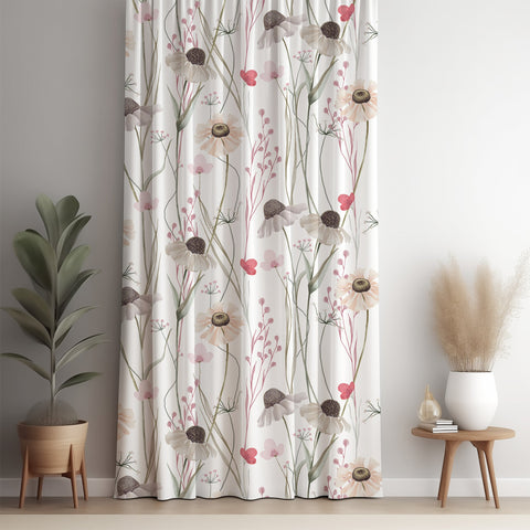 White minimal wildflower curtain panel against a white wall