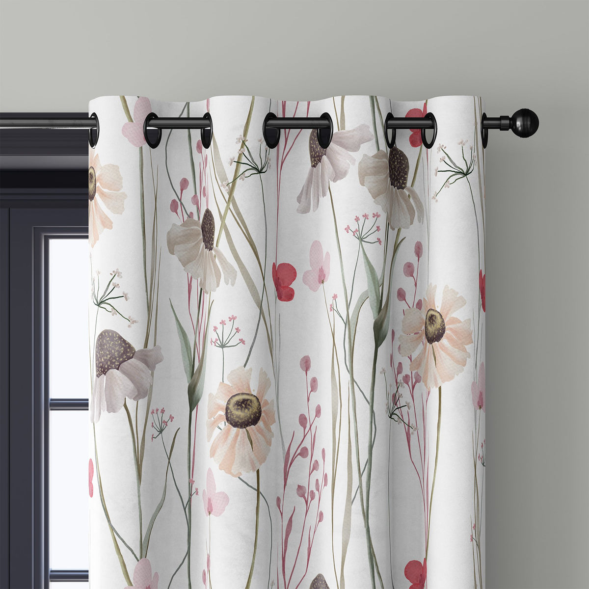 Close-up of white minimal wildflower curtain grommets on a black rod
