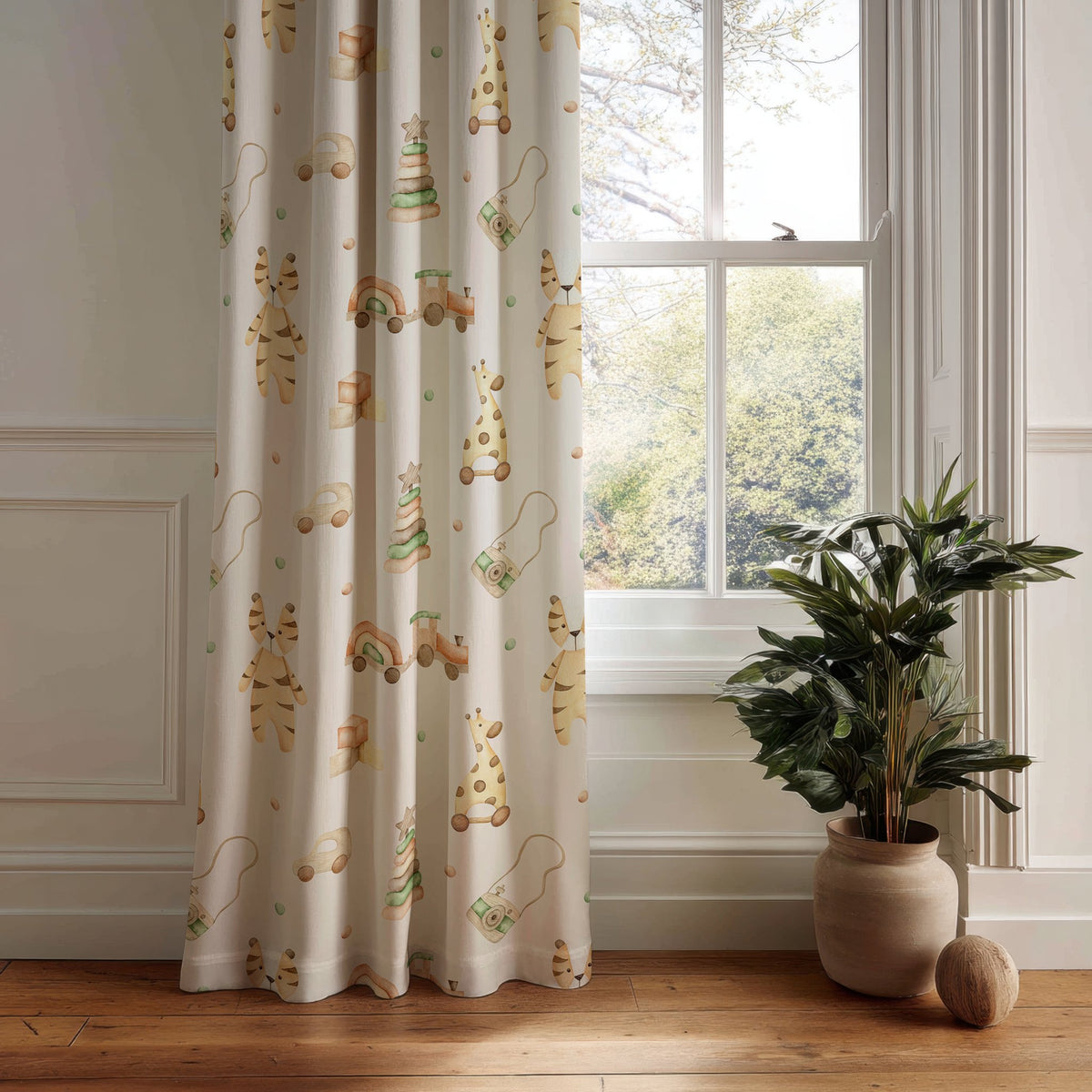 Wooden toy and giraffe nursery curtain panel hanging by a white window