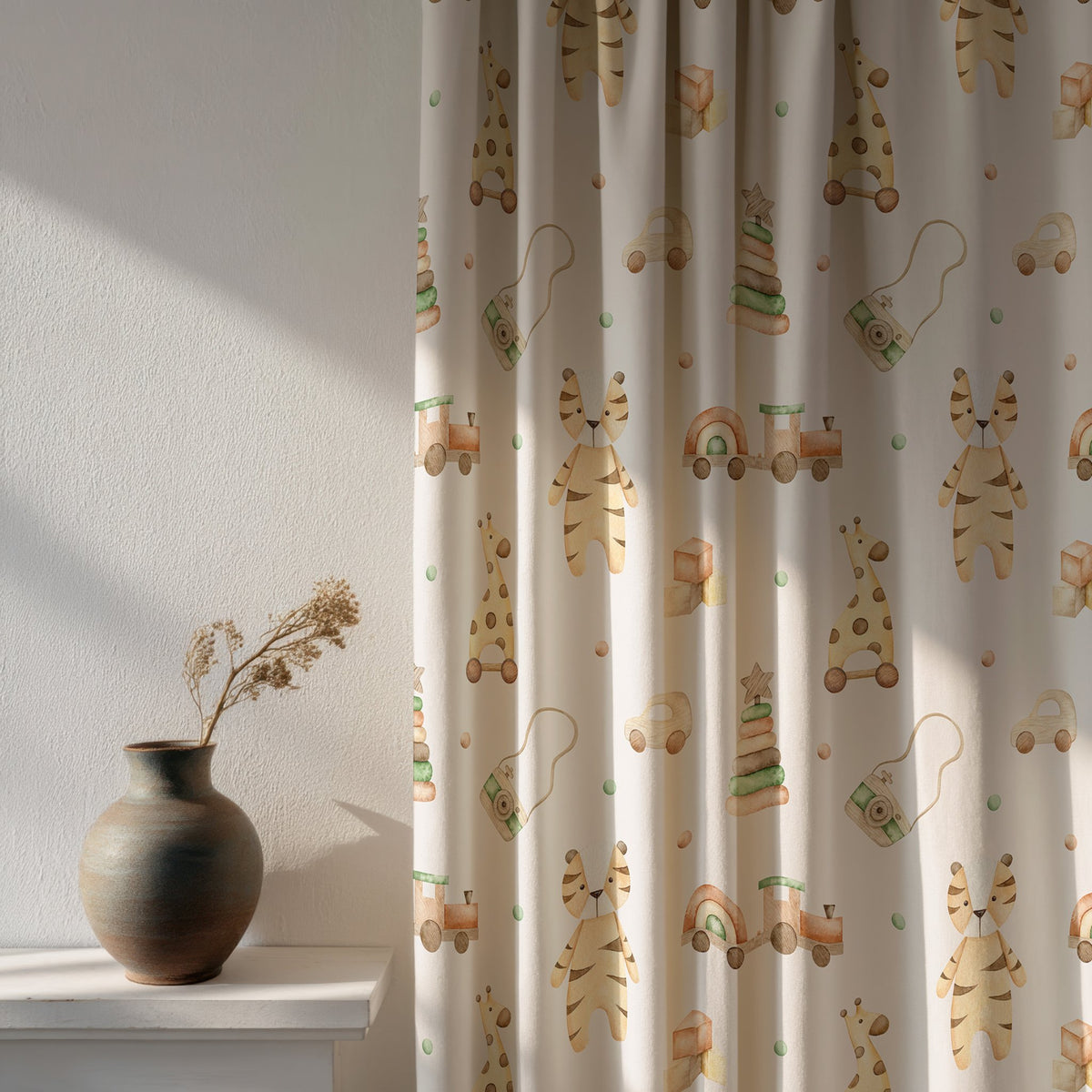 Soft daylight through a wooden toy and giraffe nursery curtain