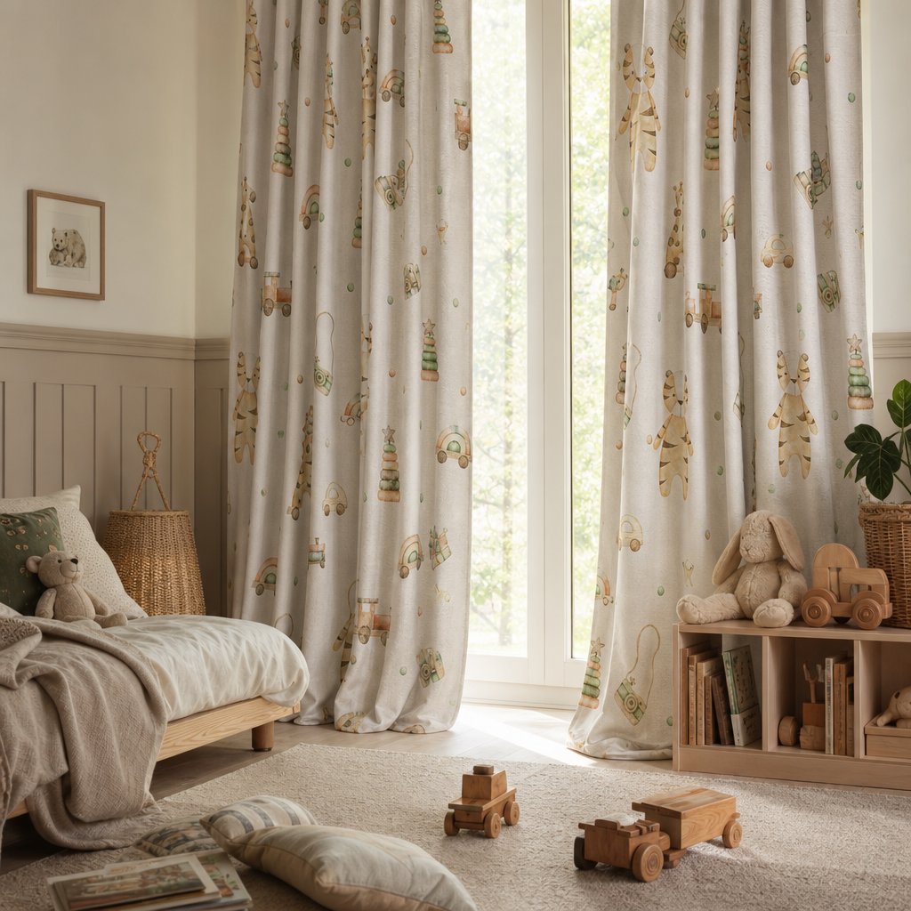 Wooden toy and giraffe nursery curtains in a child's bedroom
