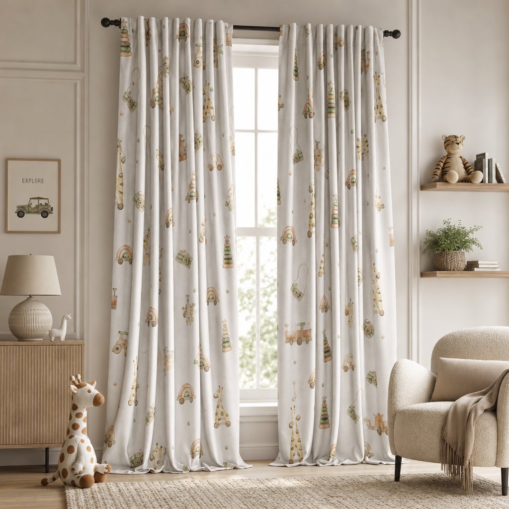 Pair of wooden toy and giraffe nursery curtains in a child's bedroom