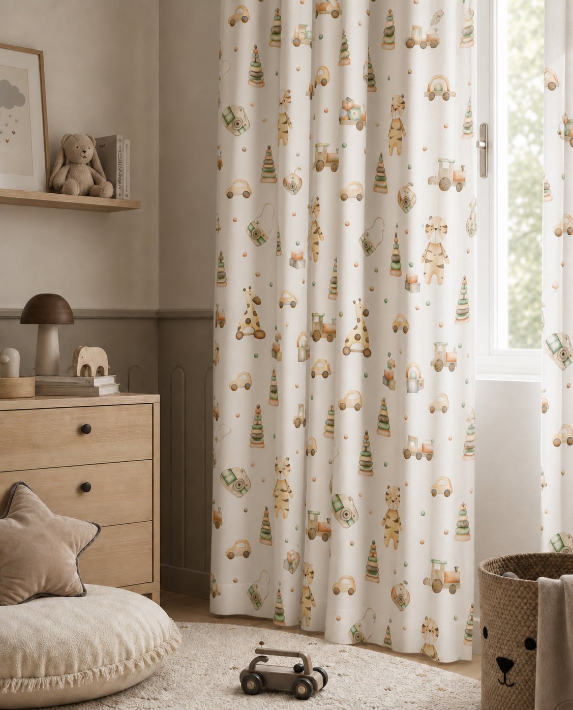 Wooden toy and giraffe nursery curtains framing a tall window