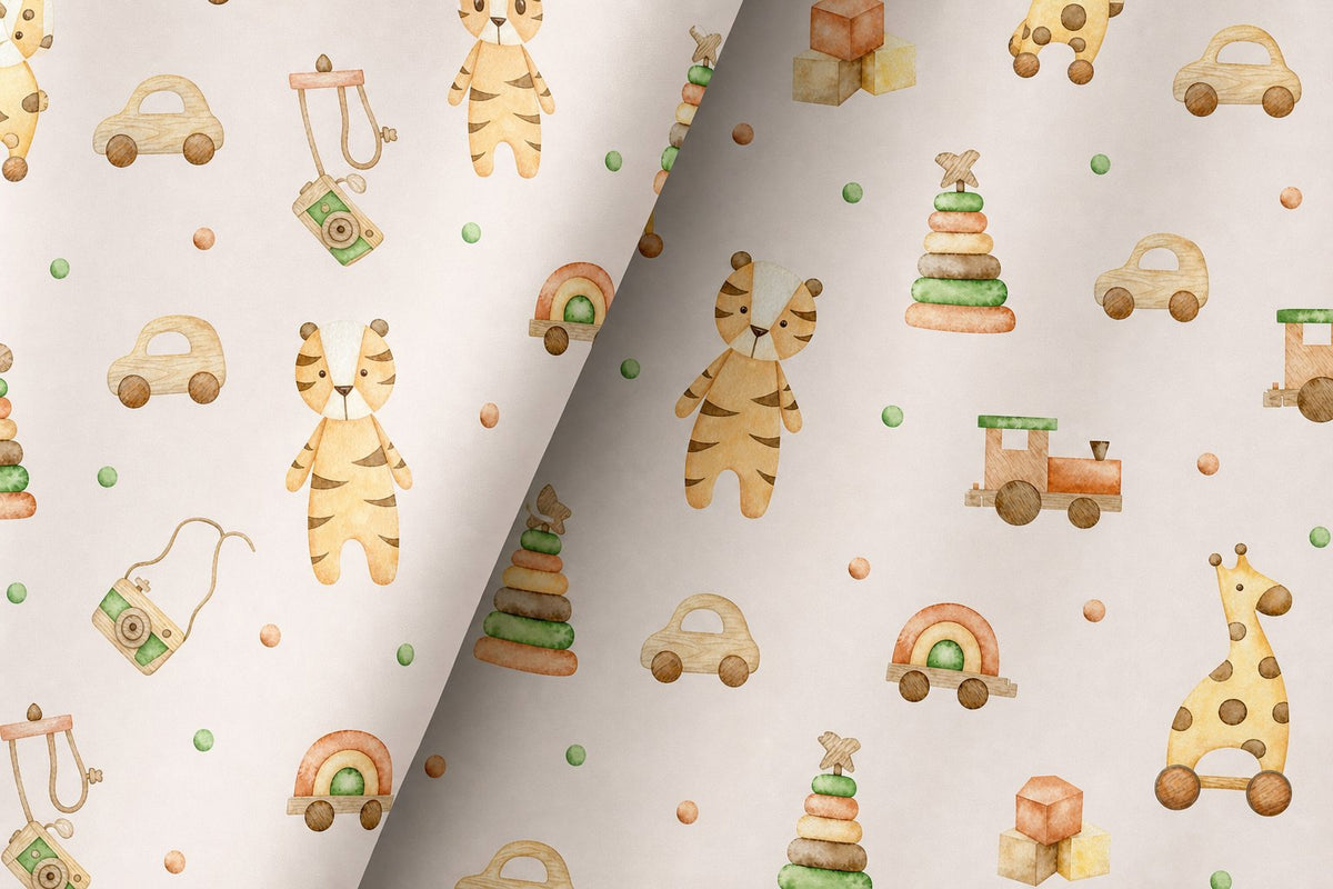 Wooden toy and giraffe nursery curtains in a sunlit child's bedroom